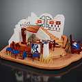 Vibrant Cartoon Scene With White Building Staircase Blue Tables Chairs And Decorative Art