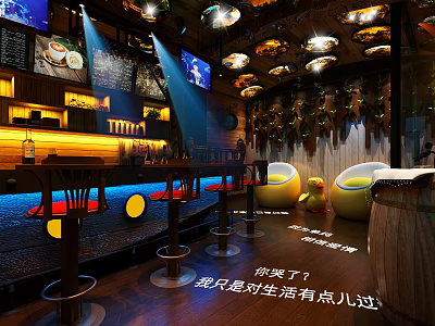 Stylish Bar Interior With Bar Counter Stools Hanging Lights TV Screens And Decorations 3d model