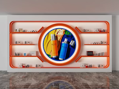 Orange Framed Display Shelves With Circular Center Area And Cosmetic Products 3d model