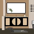 Modern Bathroom Cabinet With Rattan Round Doors And LED Mirror Above Wooden Floor