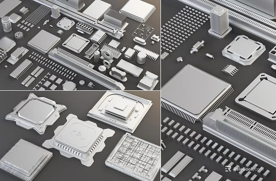 Diverse Electronic Components Featuring Chips Heat Sinks And Circuit Elements 3d model 