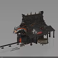 Medieval Building With Dragon Decoration Spiked Tile Roof Featuring Wooden Barrels Tools And Burning Brazier