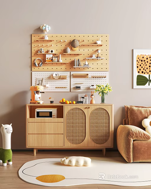 Wooden Console Cabinet and Sideboard with Wicker Doors Pegboard Kitchen Items Coffee Machine Vase Oranges 3d model 