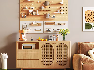 Wooden Console Cabinet and Sideboard with Wicker Doors Pegboard Kitchen Items Coffee Machine Vase Oranges 3d model