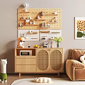 Wooden Console Cabinet and Sideboard with Wicker Doors Pegboard Kitchen Items Coffee Machine Vase Oranges