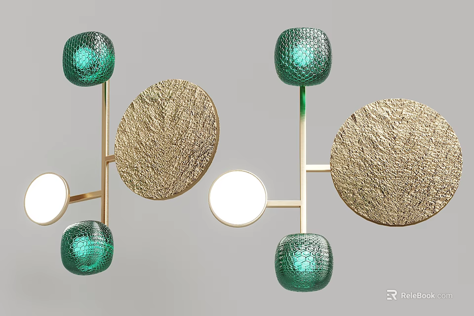 Elegant Modern Wall Lamps With Green Glass Globes And Gold Textured Plates 3d model 