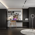 Modern Study Room With Desk Chair Dark Cabinets And Shelves