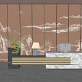 Modern Reception Desk with Marble Surface and Landscape Screen Featuring Computer Lamp and Green Plant