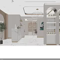 Bright Shop Front Desk with Marble Counter White Gold Decor Chandelier and Product Shelves