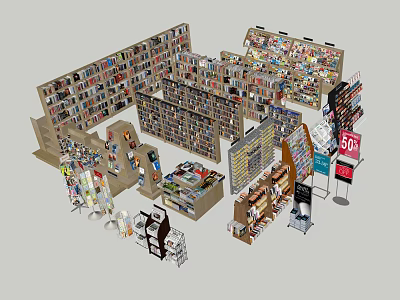 Large Bookshelves Filled With Various Books And 50 Percent Off Signs In Bookstore 3d model