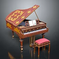 Ornately Decorated Grand Piano With Golden Patterns And Red Cushion Stool