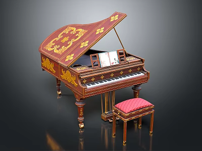 Ornately Decorated Grand Piano With Golden Patterns And Red Cushion Stool 3d model