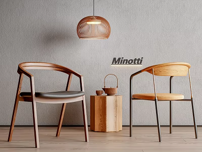 Modern Minotti Dining Chairs With Wooden Frames And Side Table Pendant Light 3d model
