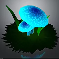 Vibrant Glowing Blue Mushrooms With Patterned Caps And Green Leaves On Dark Base