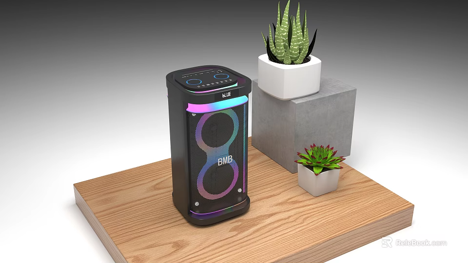 Sleek Portable Bluetooth Speaker With Colorful LED Lights And Succulent Plants On Wooden Table 3d model 