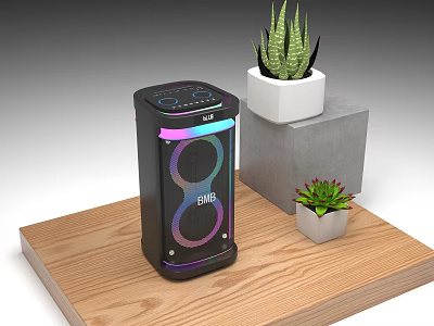 Sleek Portable Bluetooth Speaker With Colorful LED Lights And Succulent Plants On Wooden Table 3d model