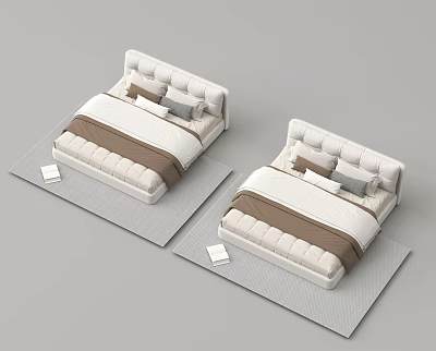 Two White Tufted Headboard Beds With Beige Mattresses Brown Gray Pillows Gray Rugs White Books 3d model