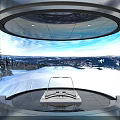Ski Simulator Sports Equipment In Circular Display Setup With Large Snow Mountain Scenery Screen