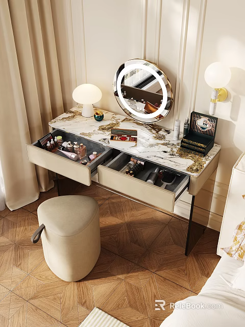 Elegant Dressing Table With Marble Top Open Drawers Stool And Round Lighted Mirror 3d model 
