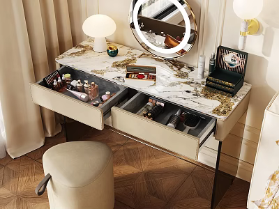 Elegant Dressing Table With Marble Top Open Drawers Stool And Round Lighted Mirror 3d model