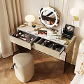 Elegant Dressing Table With Marble Top Open Drawers Stool And Round Lighted Mirror