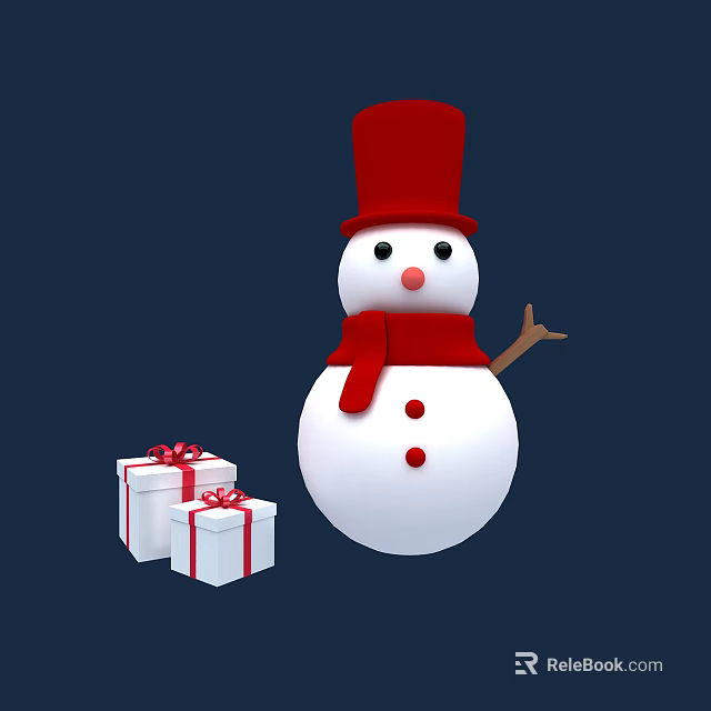Cartoon Snowman With Red Hat And Scarf Near Gift Boxes On Dark Blue Background 3d model 