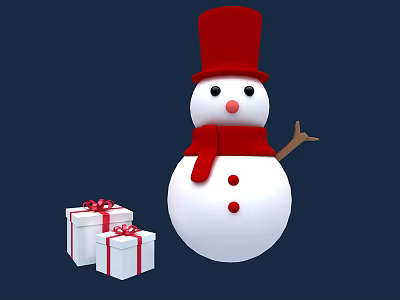 Cartoon Snowman With Red Hat And Scarf Near Gift Boxes On Dark Blue Background 3d model