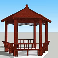 Traditional Red Wooden Hexagonal Pavilion With Decorative Roof And Benches
