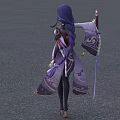 Game and Movie Character With Purple Hair Holding Long Sword In Purple White Outfit