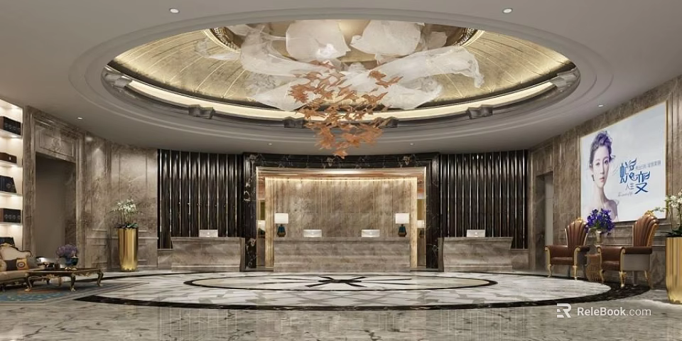 Modern Store Front Desk Interior With Marble Wall And Elegant Chandelier Design 3d model 