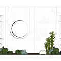 White Feature Wall Design With Circular Decor Perforated Panels Small Green Plants and Spherical Lights