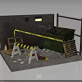 Brick Wall Area With Green Trash Bin Caution Tape Barricade Traffic Cone And Ground Debris