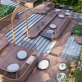 Outdoor Wooden Staircase with Greenery Platforms Round Tables and Palm Trees