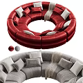 Red and Gray Circular Sectional Sofa with Throw Pillows and Soft Blanket 3d model