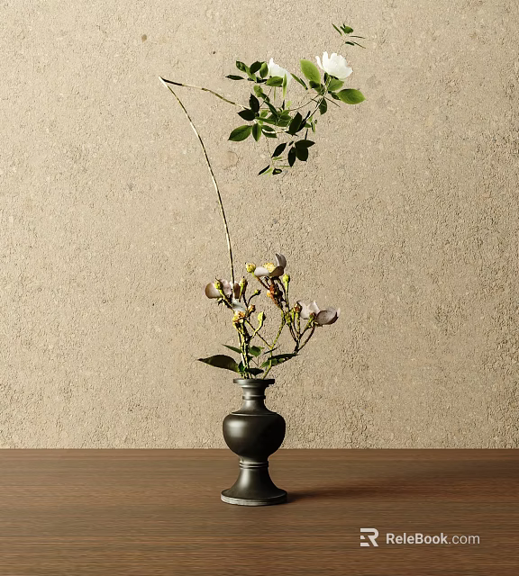 Black Vase with White Yellow Flowers and Green Leaves on Wooden Tabletop Against Beige Wall 3d model 