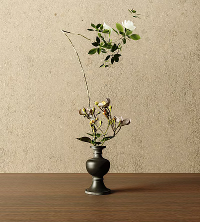 Black Vase with White Yellow Flowers and Green Leaves on Wooden Tabletop Against Beige Wall 3d model