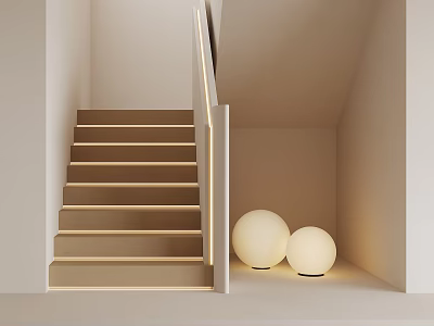 Beige Modern Staircase with Illuminated Steps and Two Round White Spherical Lamps 3d model