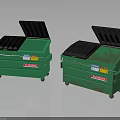 Two Green Waste Trash Bins with Open Lids and Warning Labels 3d model