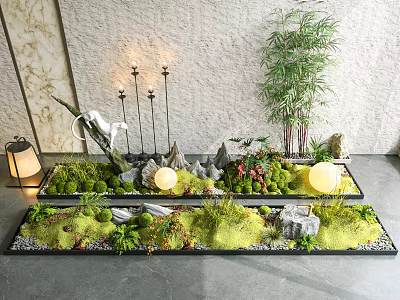 Indoor Moss Landscape Design With Bamboo Stones Lantern And Globe Decorations 3d model