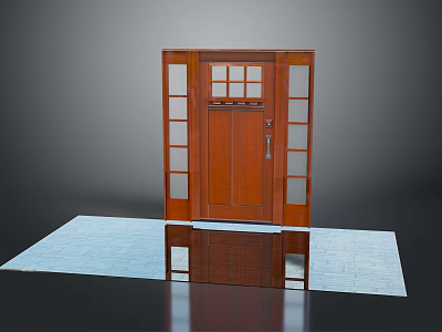 Classic Wooden Front Door With Glass Side Panels And Brass Handle 3d model