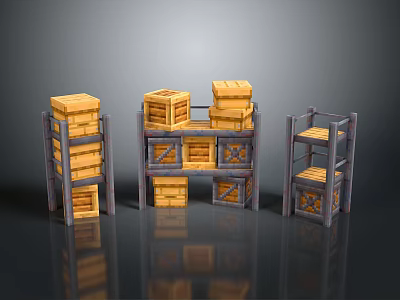 Rustic Wooden Storage Shelves With Stacked Crates Drawers And Compartments 3d model
