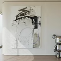 Black White Abstract Painting With Silver Bear Sculpture In Modern Interior