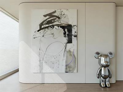 Black White Abstract Painting With Silver Bear Sculpture In Modern Interior 3d model