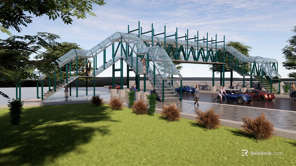 Modern Glass Bridge With Green Frame Pedestrians Vehicles Below Surrounded By Lawn And Trees 3d model 