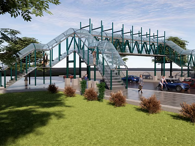 Modern Glass Bridge With Green Frame Pedestrians Vehicles Below Surrounded By Lawn And Trees 3d model