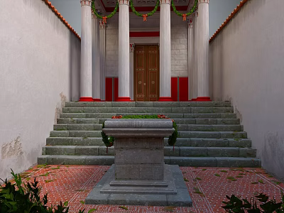 Ancient Architecture Entrance With Stone Steps White Columns Wooden Door And Garland Decorations 3d model