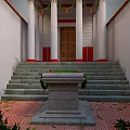 Ancient Architecture Entrance With Stone Steps White Columns Wooden Door And Garland Decorations