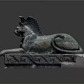 Winged Lioness Cat Shaped Bronze Colored Sculpture Carving With Intricate Pedestal Details