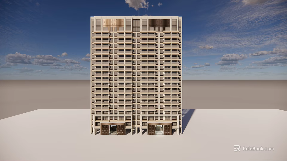 Contemporary High-rise Building Exterior With Glass Windows And Entrance Under Blue Sky Background 3d model 