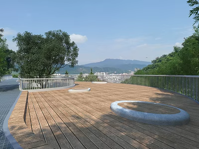 Garden Landscape Wooden Deck Circular Stone Features Railing Trees Distant Mountains City View Clear Sky 3d model